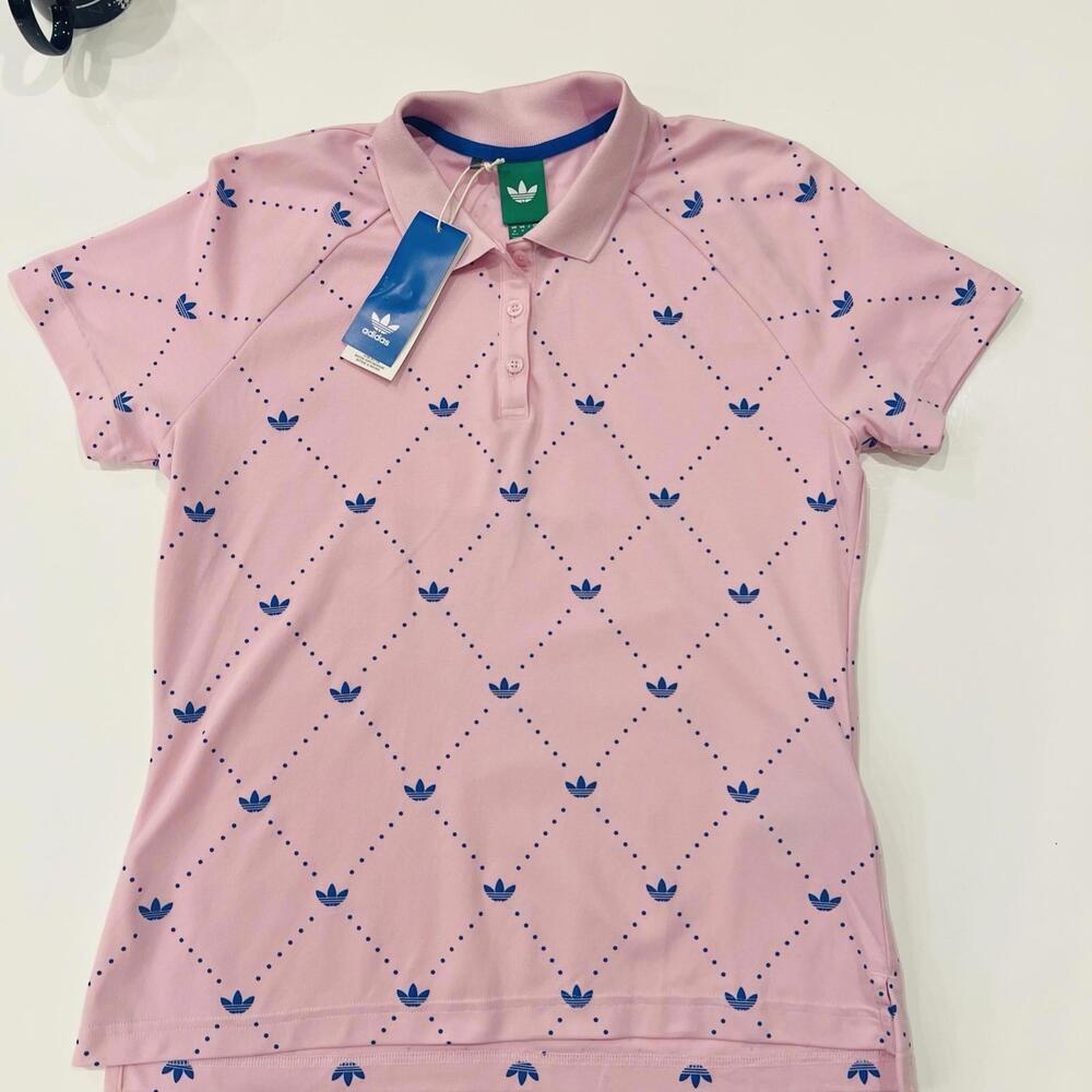 $90 NWT Women's Medium adidas Originals Printed Trefoil Golf Polo Pink Blue - Picture 8 of 8